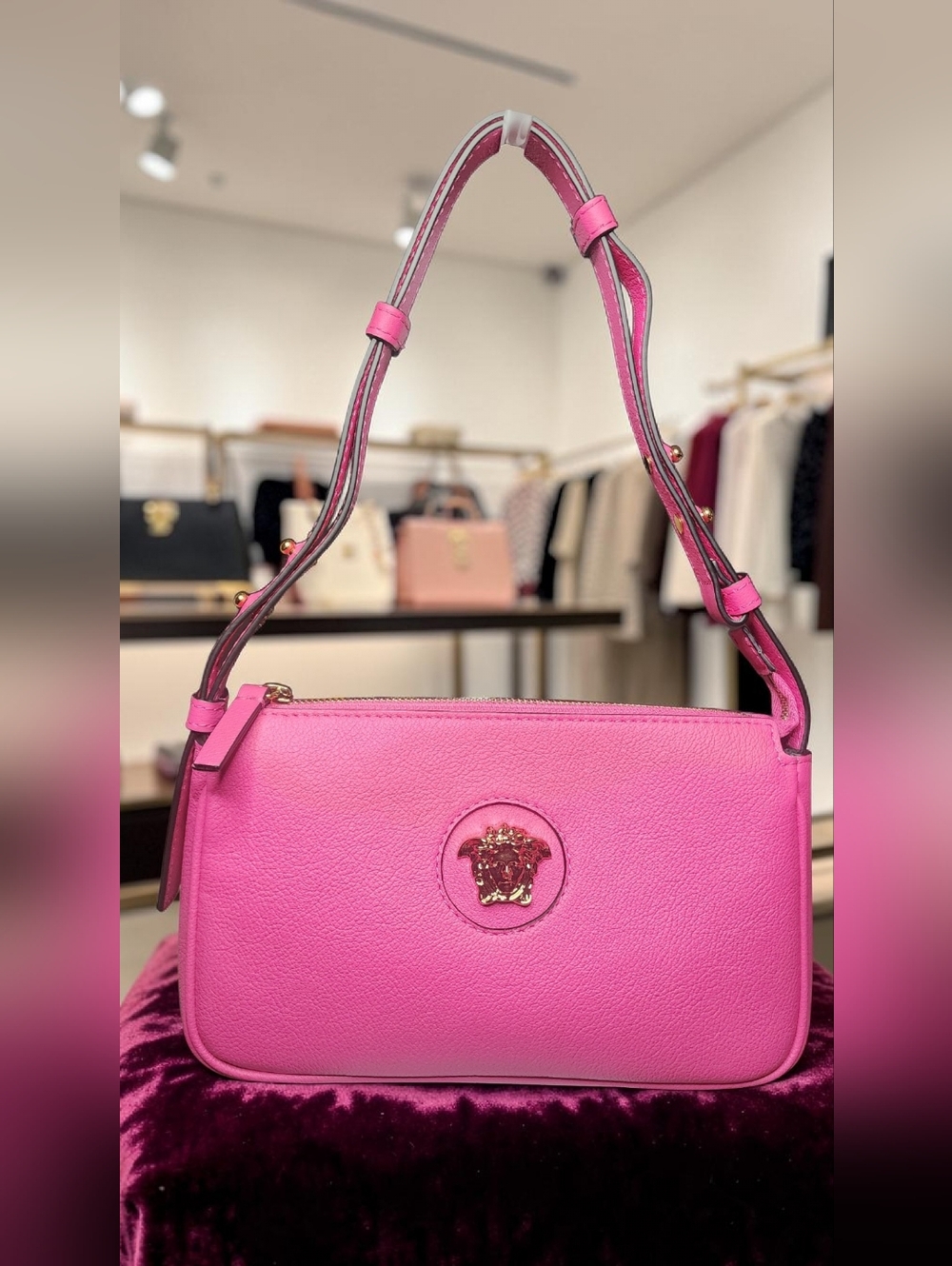 Versace Pink Grained Calf Leather La Medusa Vitello Shoulder Bag